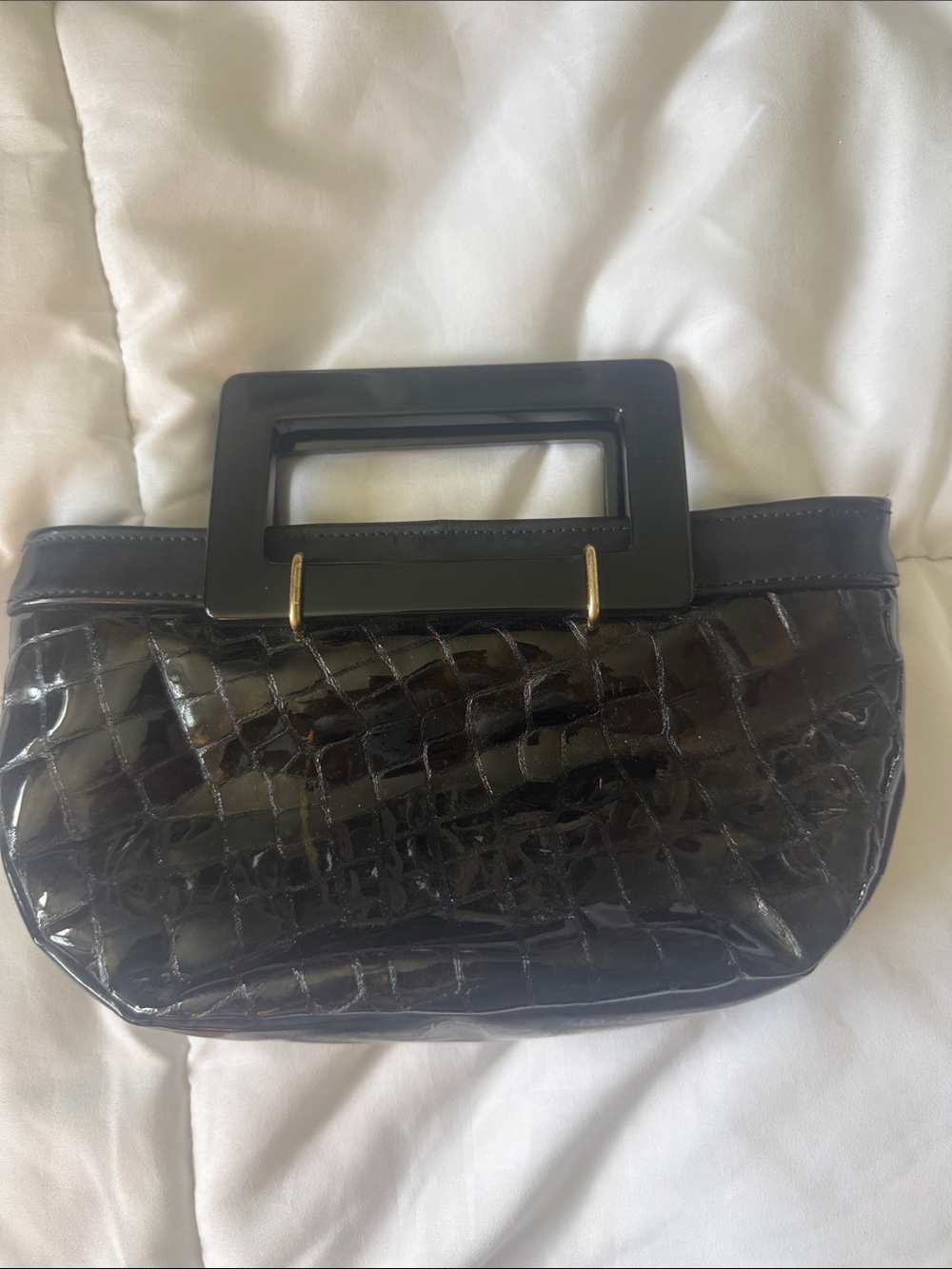 Patent Croc-Embossed Black Handle Clutch